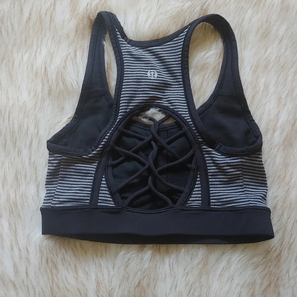 Lululemon Sweaty Or Not Bra II Mini Pop Stripe Heathered Slate Black Sz 2 NO PAD